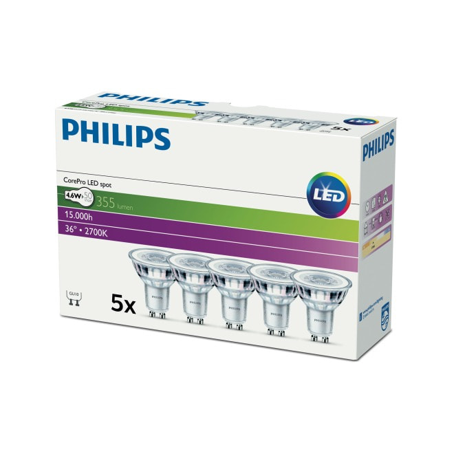 837b80a38f526d75e8d642c44e72ab484110560a8d9cc33d6a128e5ec7183c87 CorePro LEDspot 4.6W-50W GU10 827 36° Multipack of 5 - Slika 1